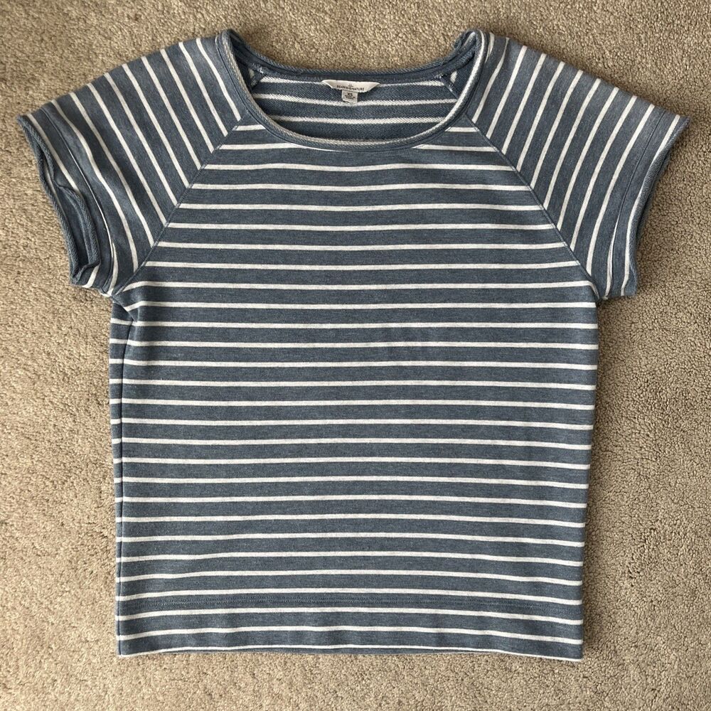 LL Bean Signature Shirt Womens XS Blue Striped French Terry Boxy Preppy Nautical
